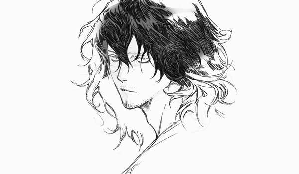 Anime picture 1008x589 with boku no hero academia studio bones aizawa shouta alle page single looking at viewer fringe short hair simple background hair between eyes wide image white background upper body multicolored hair two-tone hair monochrome superhero bristle boy
