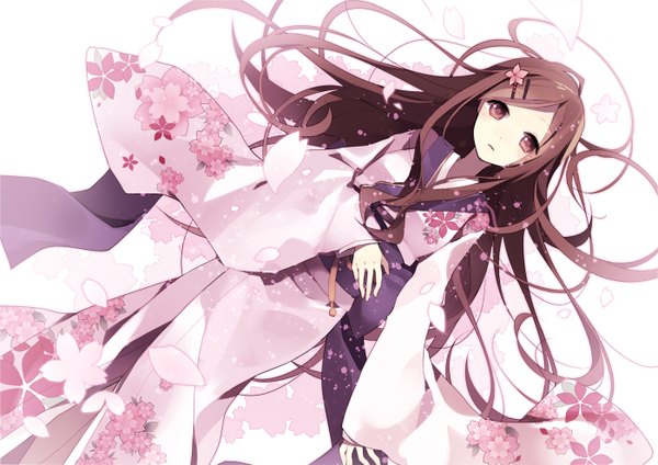 Anime picture 1400x990 with original hijiri (resetter) single long hair brown hair brown eyes japanese clothes hair flower cherry blossoms girl hair ornament petals belt kimono