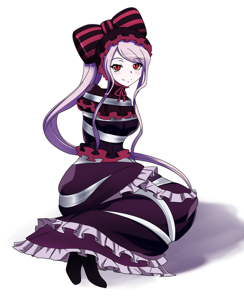 Anime picture 2456x3000 with overlord (maruyama) madhouse shalltear bloodfallen rinine single tall image looking at viewer blush highres simple background smile red eyes white background purple eyes very long hair bondage girl dress bow hair bow