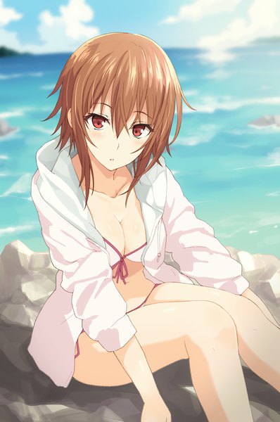 Anime picture 1385x2086 with grand blue kotegawa chisa nanashi star single tall image looking at viewer blush fringe short hair breasts open mouth light erotic hair between eyes red eyes brown hair sitting payot sky cleavage cloud (clouds)