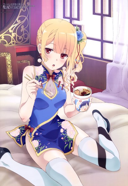 Anime picture 4078x5919 with ramen daisuki koizumi-san megami magazine koizumi-san ozeki miyabi single long hair tall image blush highres light erotic blonde hair red eyes sitting absurdres traditional clothes hair flower official art floral print side ponytail wariza