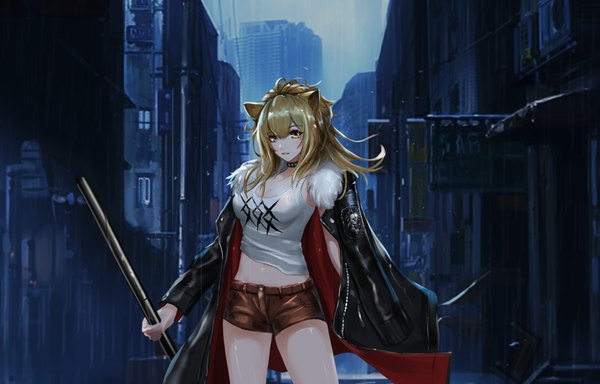 Anime picture 3588x2298 with arknights siege (arknights) lee domino single long hair looking at viewer fringe highres breasts blonde hair hair between eyes holding animal ears yellow eyes absurdres cleavage outdoors parted lips night open jacket