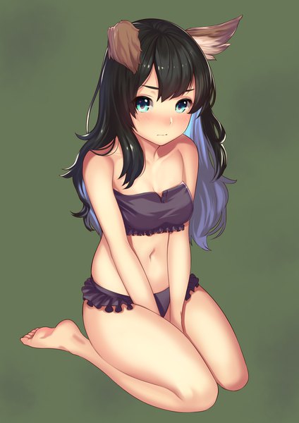 Anime picture 1475x2087 with original kagematsuri single long hair tall image looking at viewer blush fringe breasts light erotic black hair simple background sitting bare shoulders animal ears purple hair full body bent knee (knees) multicolored hair barefoot