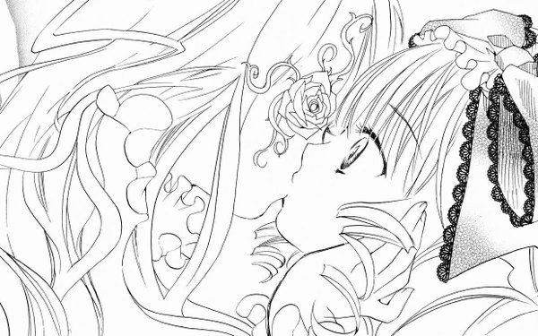 Anime picture 1236x774 with rozen maiden hina ichigo kirakishou wide image monochrome shoujo ai lineart