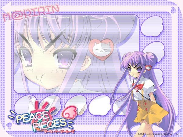 Anime picture 1600x1200 with peace@pieces yamada maririn itou noiji single long hair looking at viewer purple eyes purple hair hair bun (hair buns) copyright name character names eyebrows zoom layer double buttons puffy cheeks girl skirt hair ornament bowtie buttons