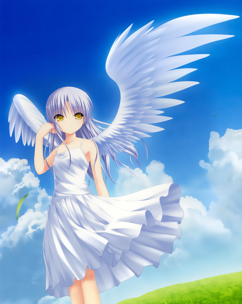 Anime picture 3079x3863 with angel beats! key (studio) tachibana kanade na-ga single long hair tall image highres bare shoulders yellow eyes absurdres sky silver hair cloud (clouds) wind sleeveless angel wings girl dress plant (plants)