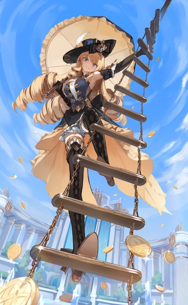 Anime picture 3653x5908 with genshin impact navia (genshin impact) seorang single long hair tall image looking at viewer highres blue eyes blonde hair smile absurdres sky cloud (clouds) full body outdoors head tilt from below grin drill hair