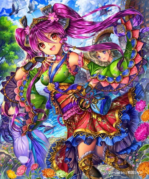 Anime picture 833x1000 with sengoku saga ells (ellsat) tall image looking at viewer blush fringe open mouth smile hair between eyes red eyes brown hair standing twintails multiple girls green eyes sky purple hair cloud (clouds) outdoors traditional clothes