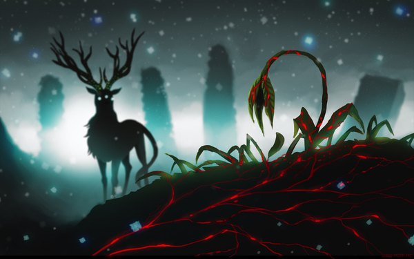 Anime picture 1920x1200 with romantically apocalyptic original alexiuss luna133 single highres wide image horn (horns) night glowing snowing winter glowing eye (eyes) no people silhouette ruins post-apocalyptic gloom flower (flowers) animal