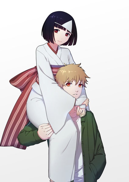 Anime picture 1240x1754 with noragami studio bones yukine (noragami) nora (noragami) daye bie qia lian tall image looking at viewer short hair black hair simple background blonde hair red eyes white background traditional clothes japanese clothes girl boy kimono triangular headpiece