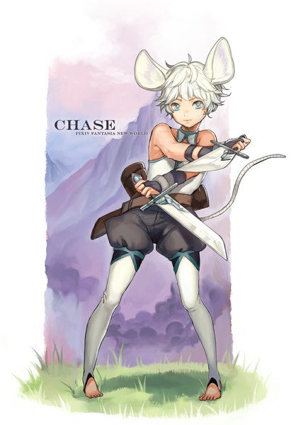 Anime picture 800x1166 with original pixiv fantasia pixiv fantasia new world chase (pfnw) naguri single tall image looking at viewer short hair blue eyes bare shoulders animal ears white hair tail animal tail barefoot mouse ears mouse tail girl weapon