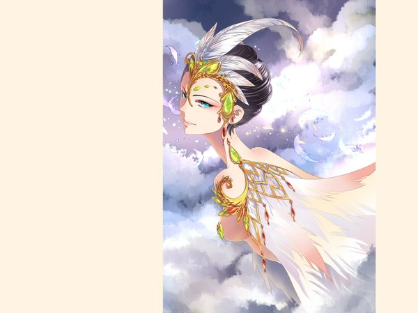 Anime picture 1767x1325 with original kaminary single looking at viewer highres short hair light erotic black hair sky cloud (clouds) aqua eyes from behind back girl hair ornament wings jewelry feather (feathers) circlet