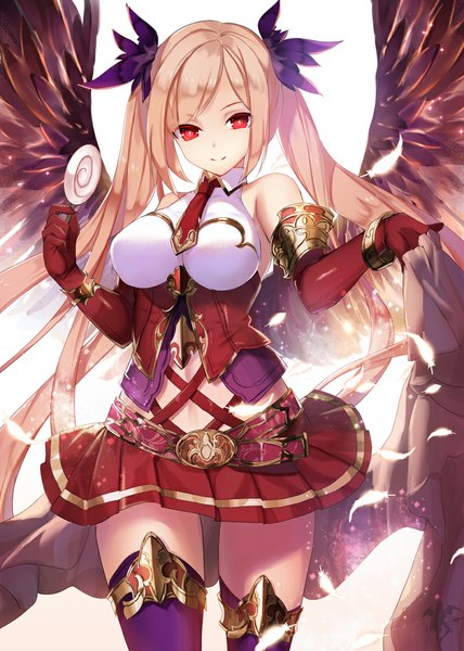 Anime picture 800x1120 with original yuuki kira tall image looking at viewer fringe breasts simple background blonde hair smile red eyes large breasts white background twintails holding very long hair pleated skirt black wings girl thighhighs skirt