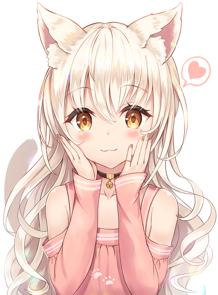 Anime picture 888x1200 with original sakura ani single long hair tall image blush fringe simple background blonde hair hair between eyes white background bare shoulders animal ears yellow eyes upper body tail animal tail cat ears cat girl cat tail