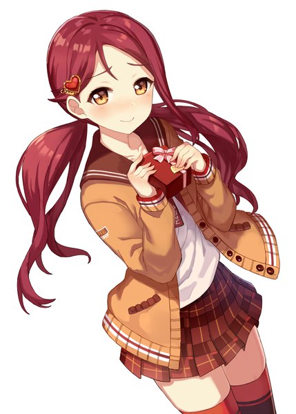 Anime-Bild 893x1250 mit love live! sunshine!! sunrise (studio) love live! sakurauchi riko hajime kaname single long hair tall image blush simple background smile white background twintails yellow eyes red hair from above zettai ryouiki low twintails girl thighhighs