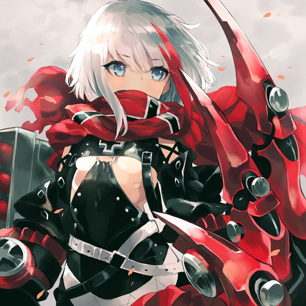 Anime picture 980x980 with azur lane admiral graf spee (azur lane) tetsujin momoko single fringe short hair breasts blue eyes light erotic hair between eyes payot looking away silver hair upper body multicolored hair two-tone hair streaked hair underboob covered mouth girl
