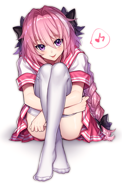 Anime picture 978x1478 with fate (series) fate/apocrypha astolfo (fate) kiritani846 single long hair tall image looking at viewer blush fringe light erotic simple background hair between eyes white background sitting purple eyes pink hair full body braid (braids) head tilt