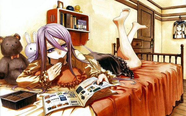 Anime picture 1920x1200 with chrome shelled regios felli loss miyuu single long hair fringe highres hair between eyes wide image purple eyes holding payot purple hair full body bent knee (knees) indoors lying barefoot on stomach eating