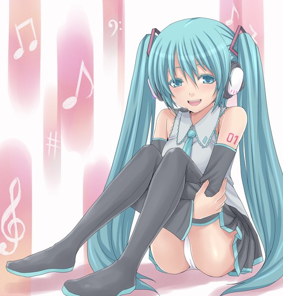 Anime picture 1099x1149 with vocaloid hatsune miku hasu (hk works) long hair tall image open mouth light erotic twintails bare shoulders aqua eyes aqua hair pantyshot sitting music girl underwear panties detached sleeves necktie headphones thigh boots