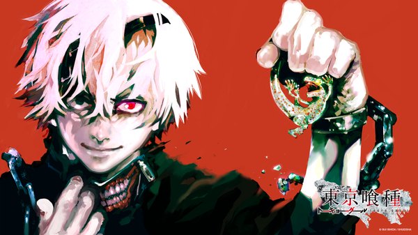 Anime picture 1920x1080 with tokyo ghoul studio pierrot kaneki ken sui ishida single looking at viewer highres short hair blonde hair wide image white hair light smile official art wallpaper heterochromia text pale skin red background boy chain