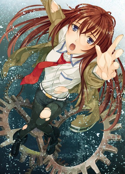 Anime picture 1134x1577 with steins;gate white fox makise kurisu mukunokino isshiki single long hair tall image open mouth blue eyes brown hair bent knee (knees) from above torn clothes outstretched hand torn pantyhose girl shirt pantyhose necktie shorts