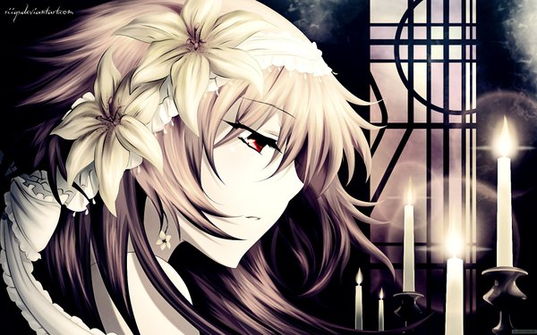 Anime picture 1920x1200 with pandora hearts xebec alice (pandora hearts) single long hair fringe highres blonde hair red eyes wide image profile hair flower girl hair ornament flower (flowers) bow hair bow candle (candles)