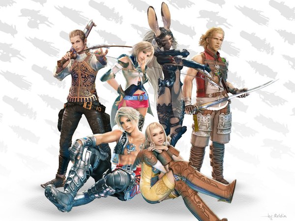 Anime picture 1024x768 with final fantasy final fantasy xii square enix fran ashelia b'nargin dalmasca penelo basch fon ronsenburg vaan animal ears weapon sword gun bow (weapon) balflear