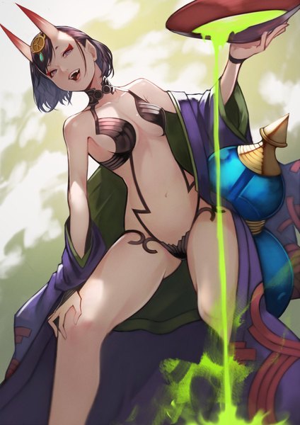 Anime picture 1446x2048 with fate (series) fate/grand order shuten douji (fate) yoshio (55level) single tall image looking at viewer fringe short hair breasts open mouth light erotic simple background smile standing purple eyes bare shoulders holding purple hair bent knee (knees)