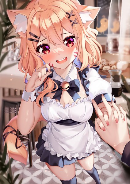 Anime picture 884x1250 with virtual youtuber indie virtual youtuber shyrei faolan squchan long hair tall image looking at viewer fringe breasts open mouth light erotic blonde hair smile hair between eyes red eyes large breasts standing signed animal ears ahoge