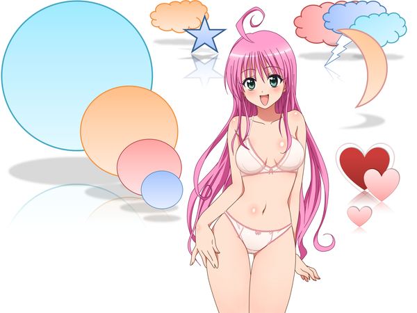 Anime picture 1600x1200 with toloveru xebec lala satalin deviluke single long hair looking at viewer blush fringe breasts open mouth light erotic white background green eyes pink hair ahoge wallpaper hand on hip underwear only girl underwear