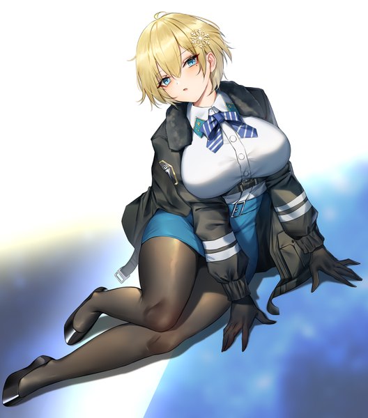 Anime picture 2600x2954 with girls frontline vsk-94 (girls frontline) wu ganlan cai single tall image looking at viewer blush fringe highres short hair breasts open mouth blue eyes light erotic simple background blonde hair hair between eyes large breasts sitting full body
