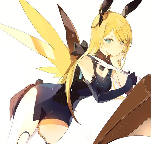 Anime picture 882x842 with original lpip single long hair looking at viewer blush fringe light erotic blonde hair simple background white background animal ears cleavage lying aqua eyes from above zettai ryouiki on side insect wings writing