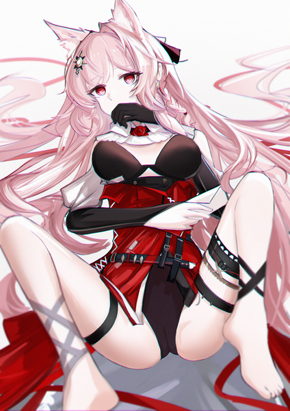 Anime picture 2400x3400 with arknights pozyomka (arknights) mizuhashi parusui single tall image looking at viewer fringe highres breasts light erotic simple background red eyes large breasts white background animal ears pink hair full body bent knee (knees) ass lying