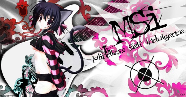 Anime picture 2000x1043 with nanao naru k.g highres light erotic black hair wide image purple eyes animal ears tail animal tail cat ears cat girl cat tail girl thighhighs black thighhighs shorts musical instrument guitar