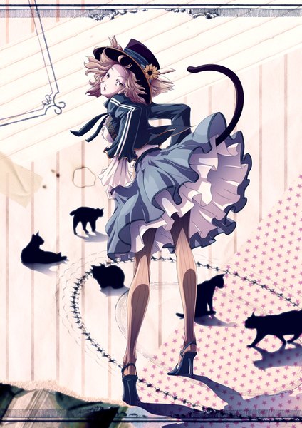 Anime picture 1653x2339 with original mubouou aasaa single tall image looking at viewer blush short hair open mouth brown hair standing brown eyes animal ears tail looking back from behind cat ears teeth shadow cat girl cat tail
