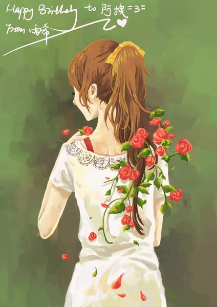 Anime picture 2480x3508 with original vivid single long hair tall image fringe highres brown hair standing ponytail from behind back girl flower (flowers) petals rose (roses) branch