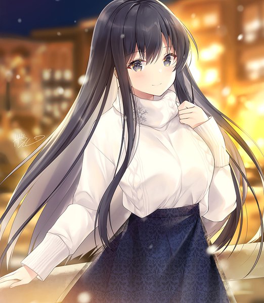 Anime picture 800x919 with original kagachi saku single long hair tall image looking at viewer blush fringe breasts black hair smile standing signed outdoors long sleeves multicolored hair blurry two-tone hair grey eyes depth of field
