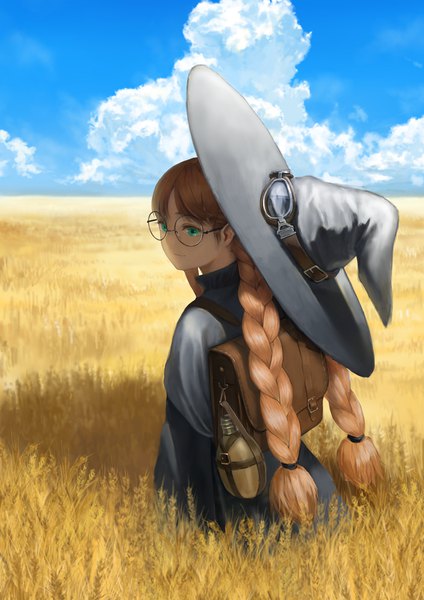 Anime picture 724x1024 with original mage (replica) single long hair tall image looking away outdoors braid (braids) aqua eyes from behind orange hair twin braids turning head horizon girl hat glasses witch hat wheat wheat field
