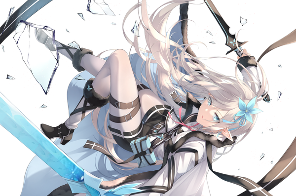 Anime picture 1634x1080 with original fuuro (johnsonwade) single long hair looking at viewer fringe open mouth blue eyes simple background white background holding full body bent knee (knees) white hair long sleeves hair flower pointy ears high heels floating hair dual wielding
