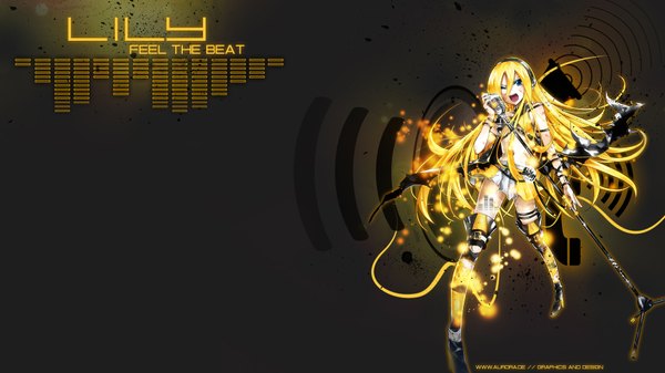 Anime picture 1920x1080 with vocaloid lily (vocaloid) single long hair highres open mouth blue eyes blonde hair wide image one eye closed wink girl headphones microphone microphone stand