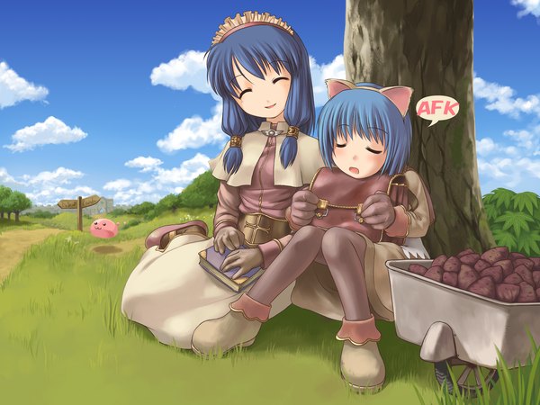Anime picture 1600x1200 with ragnarok online acolyte (ragnarok online) poring merchant (ragnarok online) bosshi highres smile sitting animal ears blue hair eyes closed cat ears sleeping :3 gloves plant (plants) pantyhose tree (trees) book (books) slime