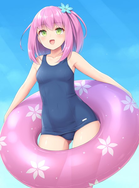 Anime picture 840x1140 with original sasaame single long hair tall image fringe open mouth light erotic smile standing holding green eyes looking away pink hair sky outdoors :d hair flower floral print ass visible through thighs