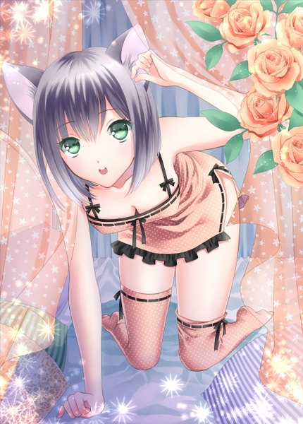 Anime picture 894x1246 with original takaaya kazuka single tall image looking at viewer short hair open mouth green eyes animal ears grey hair cat ears cat girl polka dot girl thighhighs dress flower (flowers) rose (roses) polka dot legwear orange rose