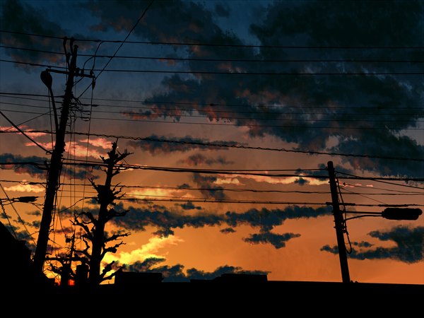 Anime picture 1088x816 with original kibunya 39 sky cloud (clouds) evening sunset no people landscape plant (plants) tree (trees) wire (wires) power lines