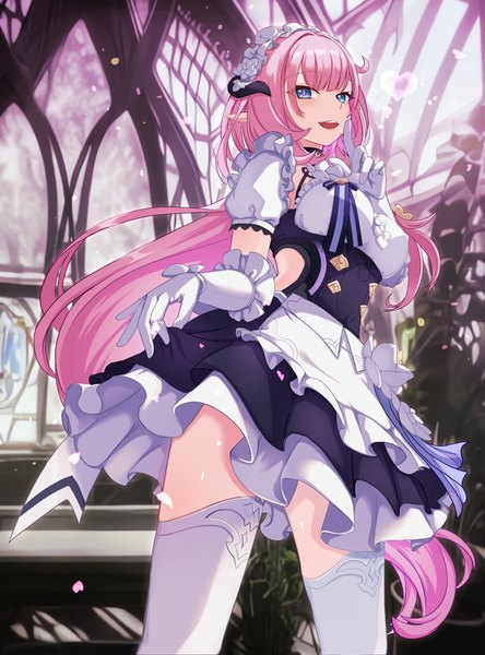 Anime picture 2835x3829 with honkai impact 3rd honkai (series) elysia (honkai impact) elysia (miss pink elf) (honkai impact) unnyori single tall image looking at viewer fringe highres open mouth blue eyes pink hair very long hair :d pointy ears from below maid official alternate costume girl