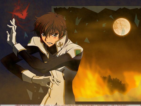 Anime picture 1600x1200 with code geass sunrise (studio) kururugi suzaku single looking at viewer fringe short hair hair between eyes brown hair green eyes signed upper body wallpaper character names angry clenched teeth blood on face destruction military boy