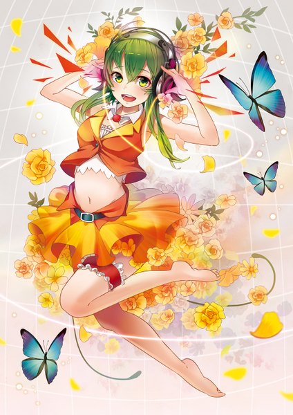 Anime picture 1000x1415 with vocaloid gumi sheep sleep single long hair tall image blush open mouth green eyes barefoot green hair legs girl skirt navel flower (flowers) miniskirt petals headphones insect