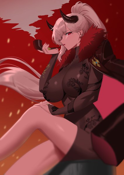 Anime picture 2100x2970 with original re-leaf single long hair tall image looking at viewer fringe highres breasts light erotic red eyes sitting holding payot white hair ponytail profile horn (horns) mole fur trim