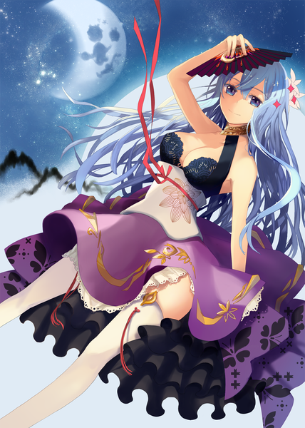 Anime picture 1000x1400 with original ginsuna single long hair tall image looking at viewer blue eyes blue hair girl thighhighs dress ribbon (ribbons) white thighhighs fan