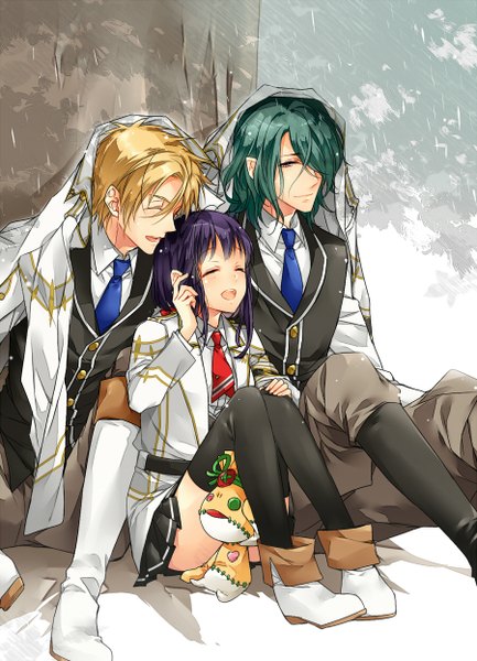 Anime picture 900x1246 with kamigami no asobi brains base (studio) kusanagi yui apollo agane belea hades aidoneus melissa (kamigami no asobi) icylove (artist) long hair tall image fringe short hair open mouth black hair blonde hair red eyes sitting eyes closed profile green hair pointy ears